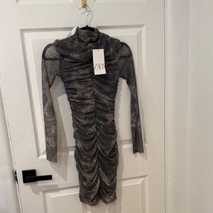 Zara Gray Ruched Long Sleeve Dress